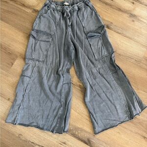 Easel Wide Leg Flare Cargo Jeans in Washed Gray